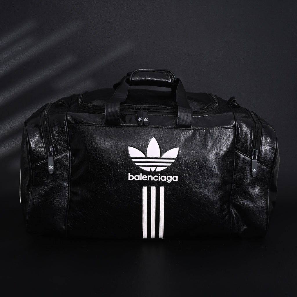 Balenciaga x adidas Large Duffel Travel Bag – Black with Trefoil Logo and Triple Stripes
