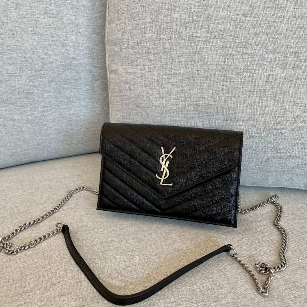 YSL  Cassandre Envelope Chain Wallet Black Grain Leather 19x11.5x4 cm