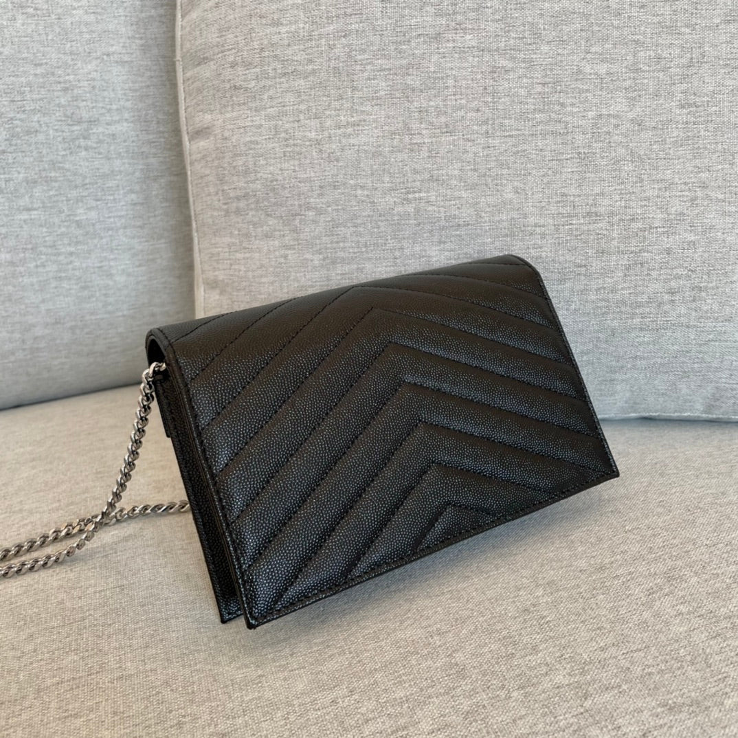 YSL  Cassandre Envelope Chain Wallet Black Grain Leather 19x11.5x4 cm