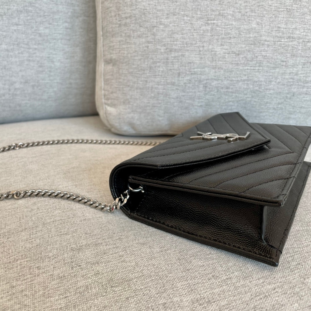 YSL  Cassandre Envelope Chain Wallet Black Grain Leather 19x11.5x4 cm